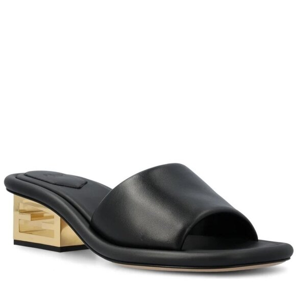 FENDI Baguette Cutout FF Logo Heel Wide Band Slide Mule Sandals Shoes Black - Picture 1 of 16